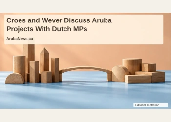Conceptual editorial illustration of abstract wooden blocks connected by a small bridge, with the Croes and Wever meeting headline and ArubaNews.ca branding; not a proposed building design.