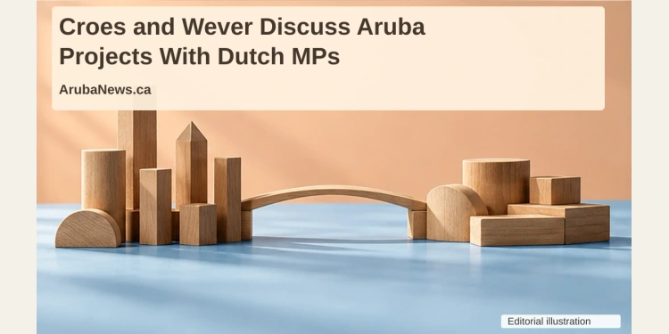 Conceptual editorial illustration of abstract wooden blocks connected by a small bridge, with the Croes and Wever meeting headline and ArubaNews.ca branding; not a proposed building design.
