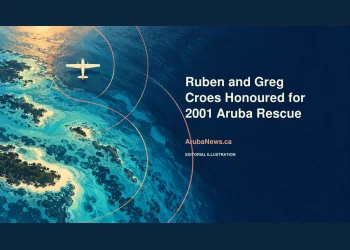 Conceptual editorial illustration of an unmarked aircraft above turquoise and navy sea, with the rescue-recognition headline and ArubaNews.ca branding; not a photograph of the 2001 search.