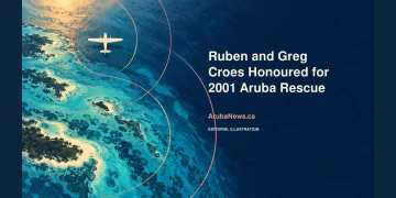 Conceptual editorial illustration of an unmarked aircraft above turquoise and navy sea, with the rescue-recognition headline and ArubaNews.ca branding; not a photograph of the 2001 search.