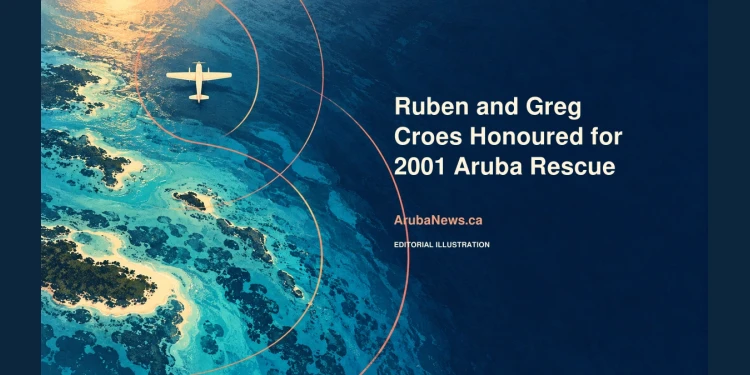 Ruben and Greg Croes Honoured for 2001 Aruba Rescue Conceptual editorial illustration of an unmarked aircraft above turquoise and navy sea, with the rescue-recognition headline and ArubaNews.ca branding; not a photograph of the 2001 search.