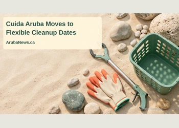 Editorial illustration of cleanup gloves, a litter picker and a collection basket on a sandy surface; not a photograph of a Cuida Aruba event.
