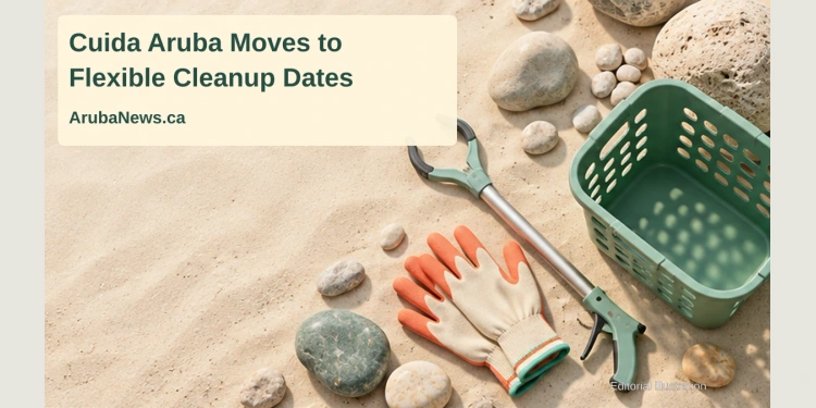 Editorial illustration of cleanup gloves, a litter picker and a collection basket on a sandy surface; not a photograph of a Cuida Aruba event.