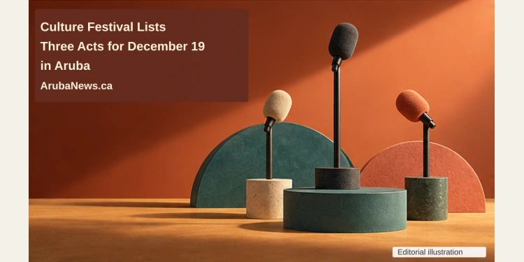 Culture Festival Lists Three Acts for December 19 in Aruba Conceptual editorial illustration of three unbranded miniature microphones and colorful rhythm forms on an ochre stage-like tabletop, with the article headline and ArubaNews.ca branding.