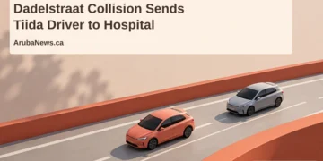Dadelstraat Collision Sends Tiida Driver to Hospital Conceptual editorial illustration of two model cars on a roadway beside a plain wall, with the Dadelstraat headline and ArubaNews.ca branding; not a photograph of the collision.