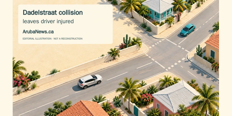 Driver Injured in Caya Juan Pablo II–Dadelstraat Collision Conceptual editorial illustration of two vehicles approaching a generic residential intersection; not a photograph or reconstruction of the Dadelstraat collision.