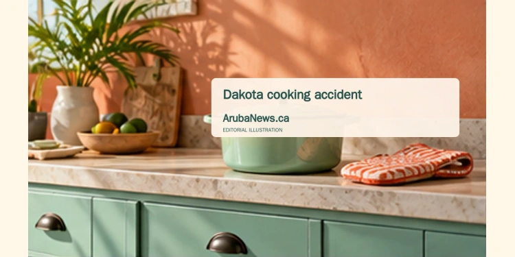 Conceptual editorial illustration; Original neutral editorial illustration, unoccupied Caribbean kitchen with a closed cooking pot and an oven mitt on a counter, side-on perspective, soft afternoon light, pale terracotta and mint palette, negative space at top. Not a documentary image of the reported event.
