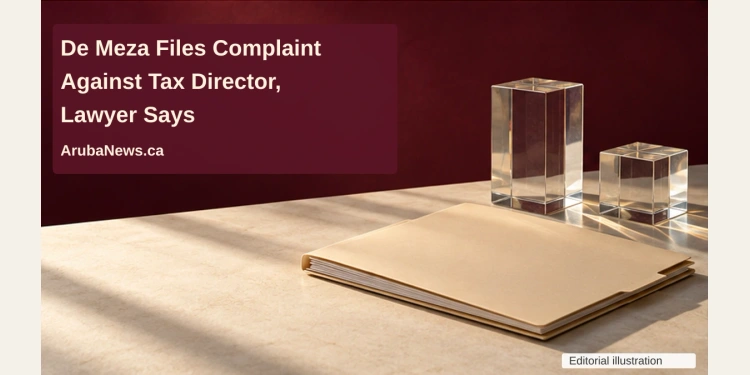 Conceptual editorial illustration of a blank closed folder and two clear glass blocks against a burgundy background, with the article headline and ArubaNews.ca branding.