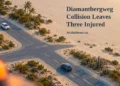 Diamantbergweg Collision Leaves Three Injured Conceptual editorial illustration, not the actual crash or intersection: two intact cars at a generic Caribbean crossroads, with a blurred amber beacon, the Diamantbergweg headline and ArubaNews.ca branding.