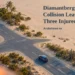 Diamantbergweg Collision Leaves Three Injured Conceptual editorial illustration, not the actual crash or intersection: two intact cars at a generic Caribbean crossroads, with a blurred amber beacon, the Diamantbergweg headline and ArubaNews.ca branding.