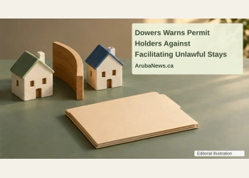 Conceptual editorial illustration of two small ceramic houses, a curved wooden divider and a blank folder on a sage tabletop, with the article headline and ArubaNews.ca branding.