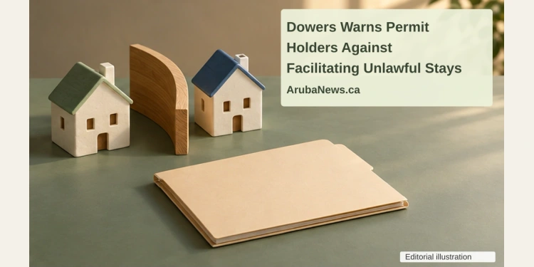 Conceptual editorial illustration of two small ceramic houses, a curved wooden divider and a blank folder on a sage tabletop, with the article headline and ArubaNews.ca branding.