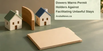 Conceptual editorial illustration of two small ceramic houses, a curved wooden divider and a blank folder on a sage tabletop, with the article headline and ArubaNews.ca branding.