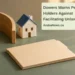 Dowers Warns Permit Holders Against Facilitating Unlawful Stays Conceptual editorial illustration of two small ceramic houses, a curved wooden divider and a blank folder on a sage tabletop, with the article headline and ArubaNews.ca branding.