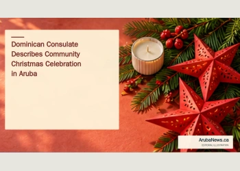 Conceptual editorial illustration of paper stars and seasonal decorations on a sunlit tabletop; not a photograph of the Dominican consulate celebration.