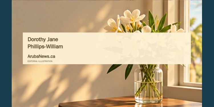 Dorothy Jane Phillips-William’s Death Announced Conceptual editorial illustration; pale cream flowers in a simple glass vase beside a softly lit window, warm late-afternoon light, delicate sage and ivory palette, off-center composition with spacious negative space. Not a documentary image of the reported event.