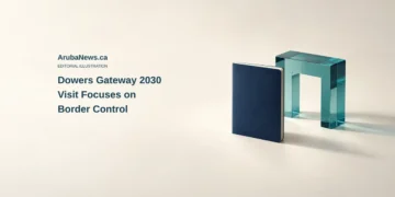 Conceptual editorial illustration of a blank navy booklet beside a translucent teal acrylic arch, with the headline Dowers Gateway 2030 Visit Focuses on Border Control and ArubaNews.ca branding.