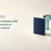 Conceptual editorial illustration of a blank navy booklet beside a translucent teal acrylic arch, with the headline Dowers Gateway 2030 Visit Focuses on Border Control and ArubaNews.ca branding.