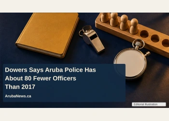 Conceptual editorial illustration of a blank training notebook, whistle, blank stopwatch and wooden pegs with empty spaces, with the police staffing headline and ArubaNews.ca branding.