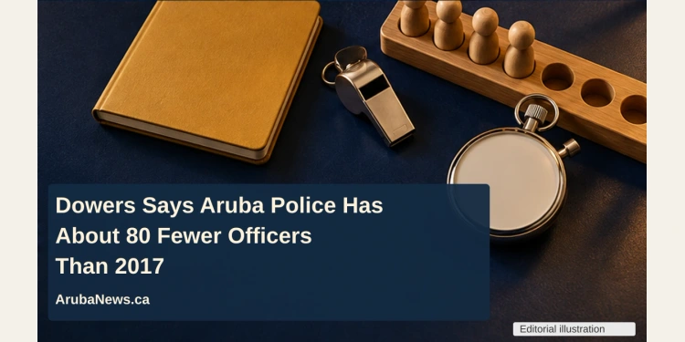 Conceptual editorial illustration of a blank training notebook, whistle, blank stopwatch and wooden pegs with empty spaces, with the police staffing headline and ArubaNews.ca branding.