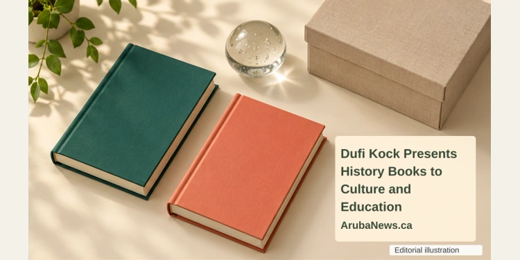 Dufi Kock Presents History Books to Culture and Education Conceptual editorial still life of two blank hardback books, an archival box and glass paperweight, with the article headline and ArubaNews.ca branding; not the actual donated book covers.