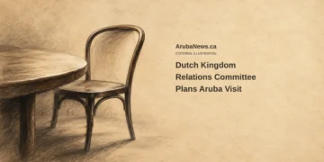 Conceptual charcoal editorial illustration of an unoccupied generic chair beside a curved table edge on parchment, with the headline Dutch Kingdom Relations Committee Plans Aruba Visit and ArubaNews.ca branding.