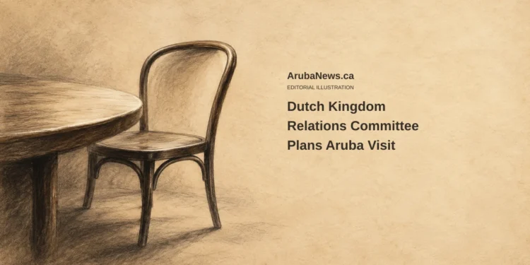 Conceptual charcoal editorial illustration of an unoccupied generic chair beside a curved table edge on parchment, with the headline Dutch Kingdom Relations Committee Plans Aruba Visit and ArubaNews.ca branding.