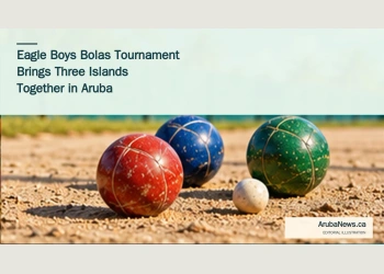Conceptual editorial illustration of bolas balls on a sandy playing surface; not a photograph of the Eagle Boys tournament.