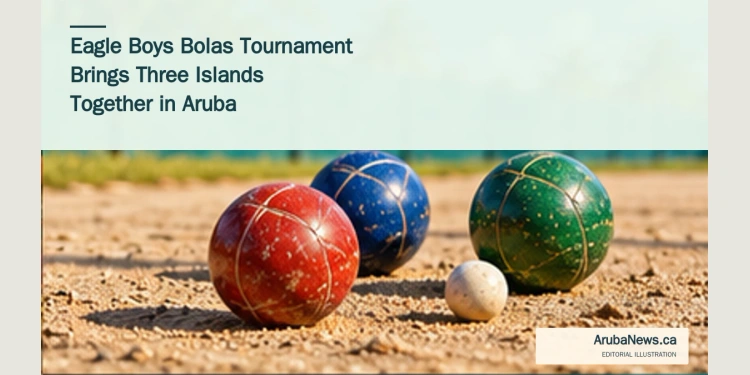 Conceptual editorial illustration of bolas balls on a sandy playing surface; not a photograph of the Eagle Boys tournament.