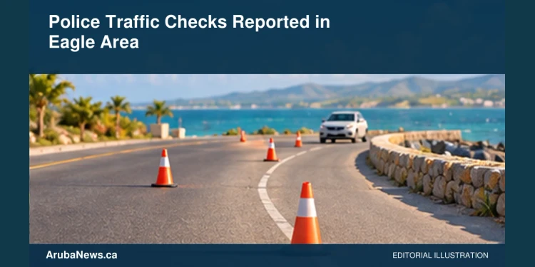 Conceptual editorial illustration of empty coastal road with simple generic traffic cones and an unmarked patrol vehicle in morning light, ground-level view, no drivers, plates, recognizable signs, official emblems or text. Not a photograph of the actual incident or location.