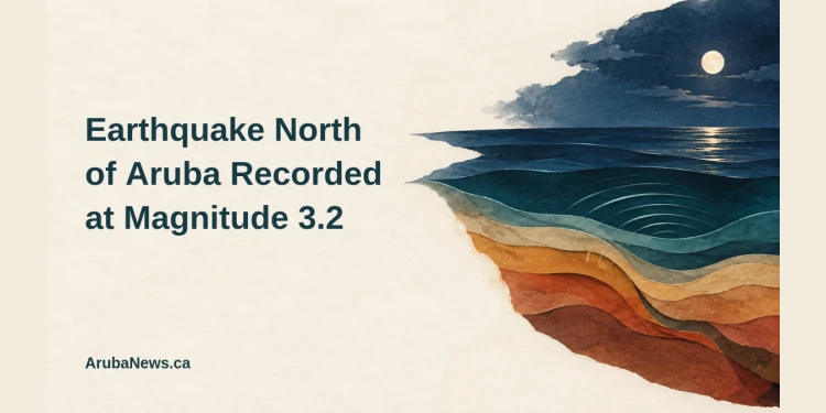 Earthquake North of Aruba Recorded at Magnitude 3.2 Conceptual editorial illustration of moonlit sea bands and layered ochre rock strata with subtle ripple lines, the earthquake headline, and ArubaNews.ca branding; not an epicentre map or incident photograph.