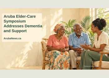 Editorial illustration of older adults and a care professional in conversation in an airy Caribbean community room; not a photograph of symposium participants.