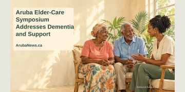 Aruba Elder-Care Symposium Addresses Dementia and Support Editorial illustration of older adults and a care professional in conversation in an airy Caribbean community room; not a photograph of symposium participants.