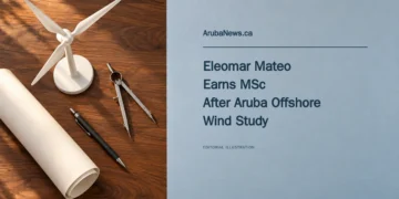 Conceptual editorial illustration of a tabletop wind-turbine model, blank rolled paper, drafting compass and pencil beside an Eleomar Mateo MSc headline and ArubaNews.ca branding.