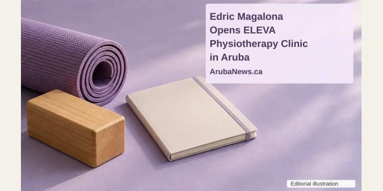 Edric Magalona Opens ELEVA Physiotherapy Clinic in Aruba Conceptual editorial illustration of a rolled exercise mat, wooden balance block and blank notebook on a lilac tabletop, with the article headline and ArubaNews.ca branding.