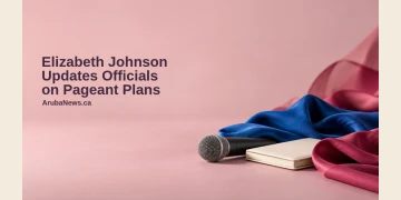 Elizabeth Johnson Updates Officials on Pageant Plans Conceptual editorial still life of an unbranded microphone, closed notebook and blue and raspberry fabrics on a pink surface, with the Elizabeth Johnson headline and ArubaNews.ca branding; not a photograph of Johnson or an actual briefing.