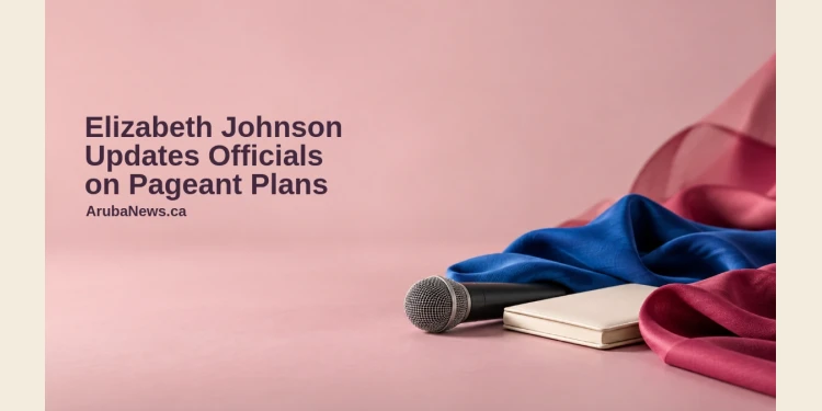 Conceptual editorial still life of an unbranded microphone, closed notebook and blue and raspberry fabrics on a pink surface, with the Elizabeth Johnson headline and ArubaNews.ca branding; not a photograph of Johnson or an actual briefing.
