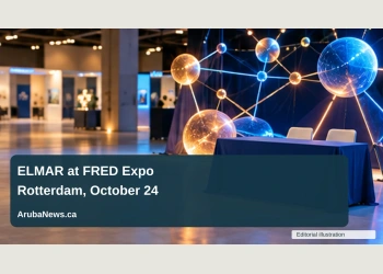 Conceptual editorial illustration of abstract energy-network shapes and a blank recruitment table in a modern exhibition hall; not a documentary photograph of the people, venue or event.
