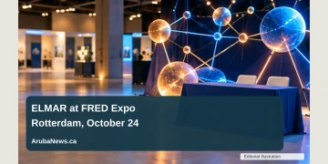 Conceptual editorial illustration of abstract energy-network shapes and a blank recruitment table in a modern exhibition hall; not a documentary photograph of the people, venue or event.