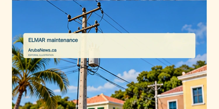 Conceptual editorial illustration; a generic residential electrical distribution pole with insulated wires against clear Caribbean sky, upward perspective, simple houses softly out of focus, crisp blue and cream palette. Not a documentary image of the reported event.