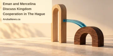 Eman and Mercelina Discuss Kingdom Cooperation in The Hague Conceptual editorial illustration of two different wooden arches connected by curved blue glass, with the article headline and ArubaNews.ca branding; not an actual building or project design.