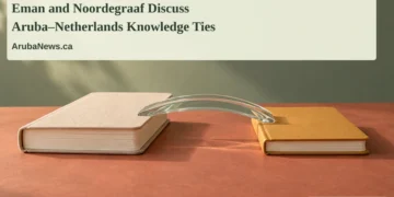 Conceptual illustration of two different blank notebooks connected by a translucent glass bridge on a terracotta desk, with the article headline, ArubaNews.ca branding and editorial-illustration label.