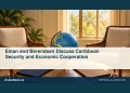 Conceptual editorial illustration of two empty diplomatic meeting chairs and blank folders beside a small Caribbean globe, warm window light, no flags, official emblems, people or lettering. Not a photograph of the reported event.