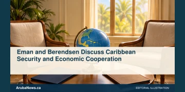 Conceptual editorial illustration of two empty diplomatic meeting chairs and blank folders beside a small Caribbean globe, warm window light, no flags, official emblems, people or lettering. Not a photograph of the reported event.