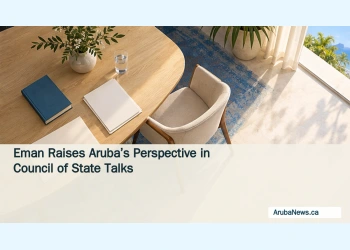 Conceptual editorial illustration of an empty meeting table with blank documents and Caribbean coastal light, not a photograph of the Eman–Buma meeting.