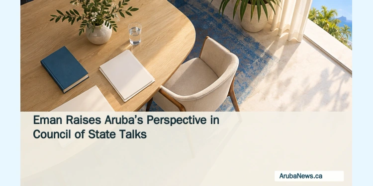 Conceptual editorial illustration of an empty meeting table with blank documents and Caribbean coastal light, not a photograph of the Eman–Buma meeting.