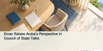 Conceptual editorial illustration of an empty meeting table with blank documents and Caribbean coastal light, not a photograph of the Eman–Buma meeting.