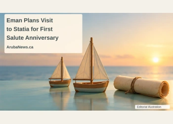 Conceptual editorial illustration of two generic wooden sailboat models and a blank rolled parchment, with the First Salute anniversary headline and ArubaNews.ca branding; not a historical scene.