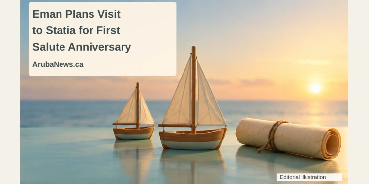 Eman Plans Visit to Statia for First Salute Anniversary Conceptual editorial illustration of two generic wooden sailboat models and a blank rolled parchment, with the First Salute anniversary headline and ArubaNews.ca branding; not a historical scene.