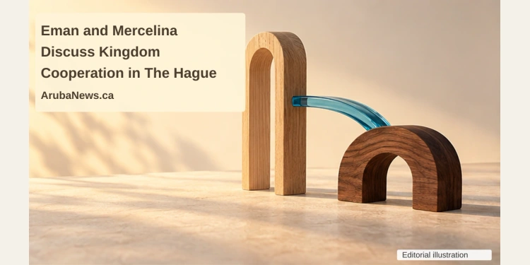 Conceptual editorial illustration of two different wooden arches connected by curved blue glass, with the article headline and ArubaNews.ca branding; not an actual building or project design.